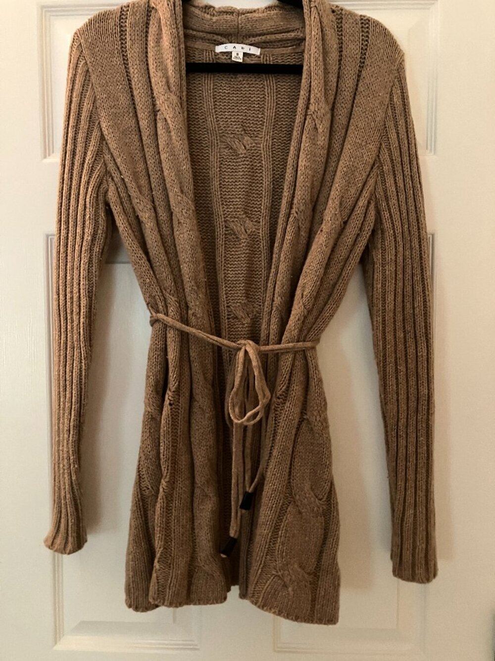 CAbi Cable Knit Long Sweater, Size S, Medium Brown